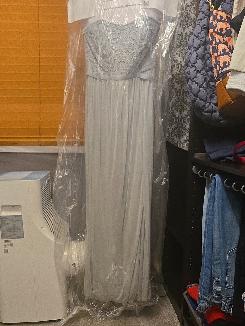 David's Bridal Strapless Lace Bodice Chiffon Maxi Dress in Light Gray